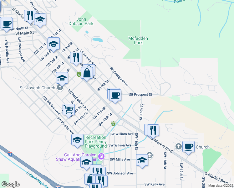 map of restaurants, bars, coffee shops, grocery stores, and more near 154 Southeast 11th Street in Chehalis