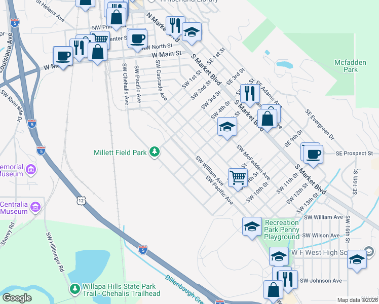 map of restaurants, bars, coffee shops, grocery stores, and more near 475 Southwest William Avenue in Chehalis