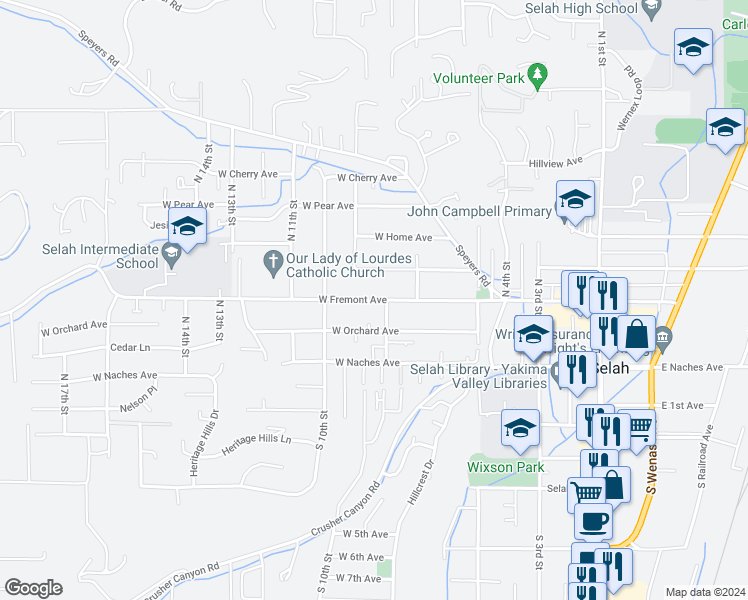 map of restaurants, bars, coffee shops, grocery stores, and more near 900 West Fremont Avenue in Selah