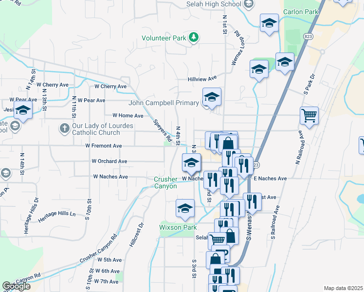 map of restaurants, bars, coffee shops, grocery stores, and more near 303-307 West Fremont Avenue in Selah