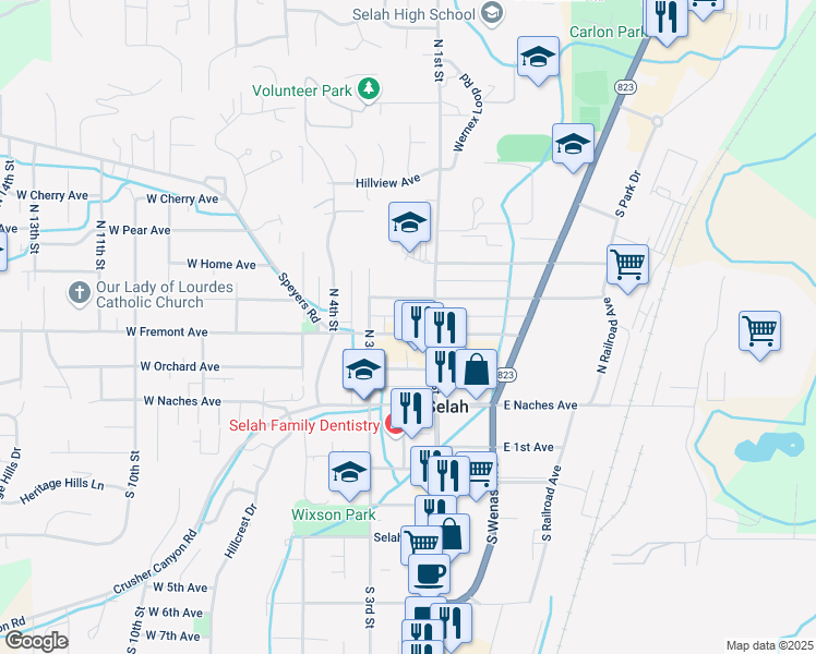map of restaurants, bars, coffee shops, grocery stores, and more near 107 West Fremont Avenue in Selah