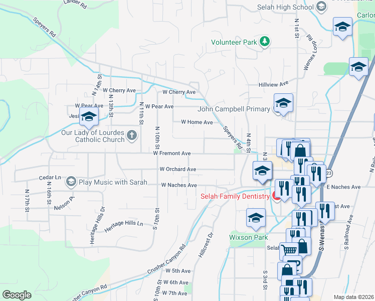 map of restaurants, bars, coffee shops, grocery stores, and more near 801 West Fremont Avenue in Selah