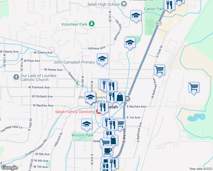 map of restaurants, bars, coffee shops, grocery stores, and more near 99 West Fremont Avenue in Selah