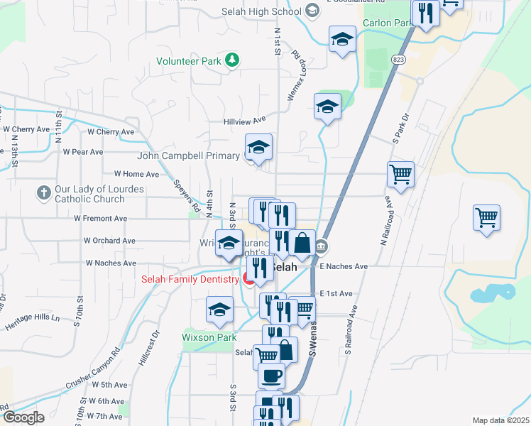 map of restaurants, bars, coffee shops, grocery stores, and more near 103 East Fremont Avenue in Selah