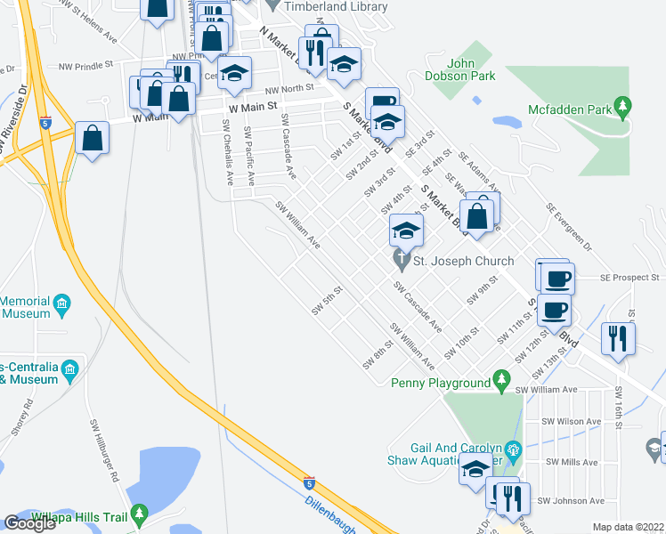 map of restaurants, bars, coffee shops, grocery stores, and more near 407 Southwest William Avenue in Chehalis
