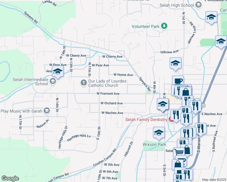 map of restaurants, bars, coffee shops, grocery stores, and more near in Selah