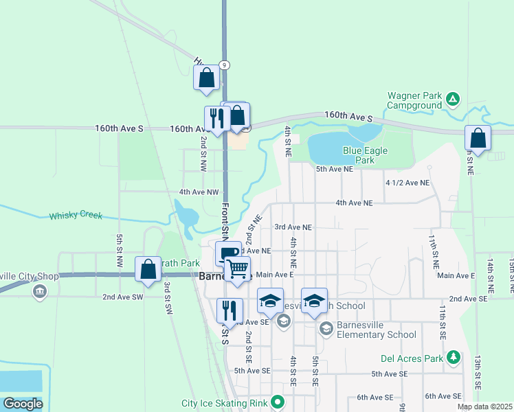 map of restaurants, bars, coffee shops, grocery stores, and more near 361 2nd Street Northeast in Barnesville