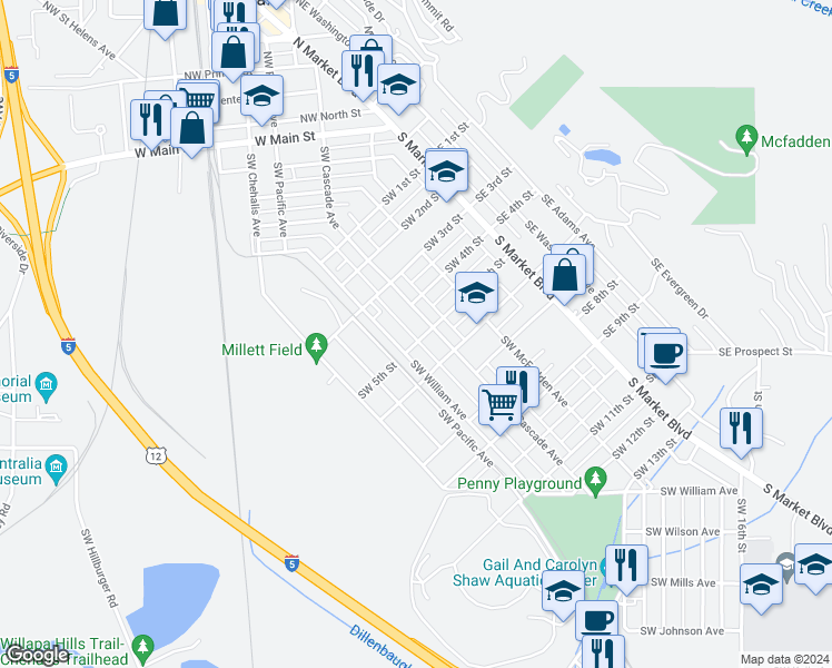 map of restaurants, bars, coffee shops, grocery stores, and more near 242 Southwest 5th Street in Chehalis