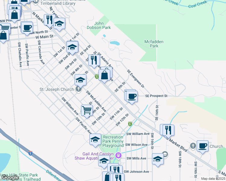 map of restaurants, bars, coffee shops, grocery stores, and more near 931 South Market Boulevard in Chehalis