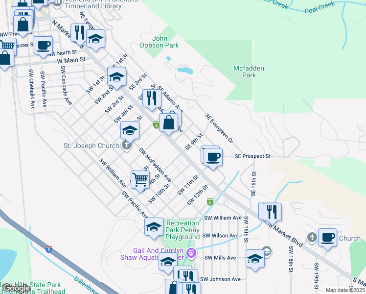 map of restaurants, bars, coffee shops, grocery stores, and more near 931 South Market Boulevard in Chehalis