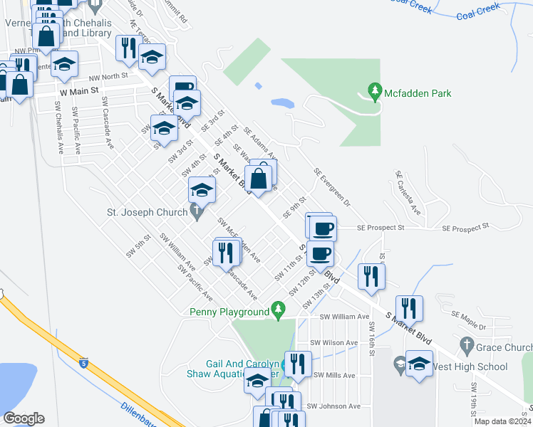 map of restaurants, bars, coffee shops, grocery stores, and more near 931 South Market Boulevard in Chehalis