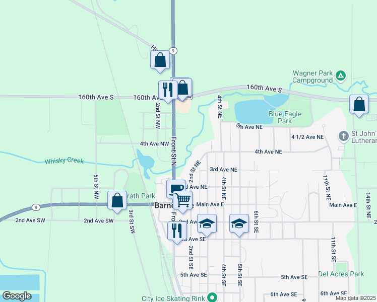 map of restaurants, bars, coffee shops, grocery stores, and more near 361 2nd Street Northeast in Barnesville