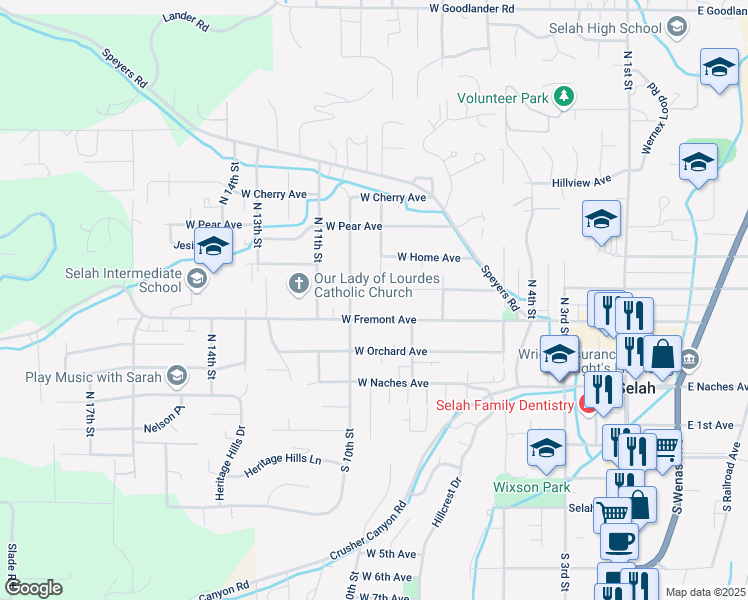 map of restaurants, bars, coffee shops, grocery stores, and more near 909 West Fremont Avenue in Selah