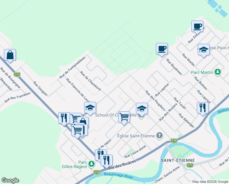 map of restaurants, bars, coffee shops, grocery stores, and more near 640 Avenue Albert Rousseau in Lévis