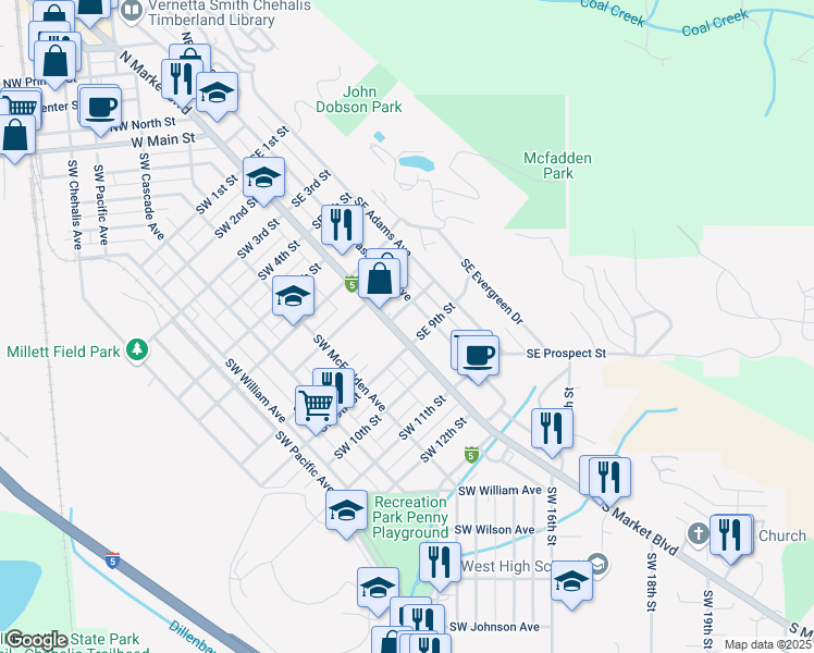 map of restaurants, bars, coffee shops, grocery stores, and more near 931 South Market Boulevard in Chehalis