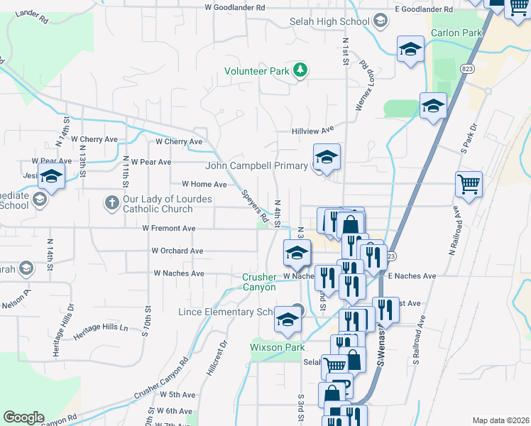 map of restaurants, bars, coffee shops, grocery stores, and more near 408 West Fremont Avenue in Selah