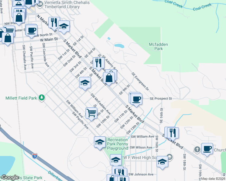 map of restaurants, bars, coffee shops, grocery stores, and more near 931 South Market Boulevard in Chehalis