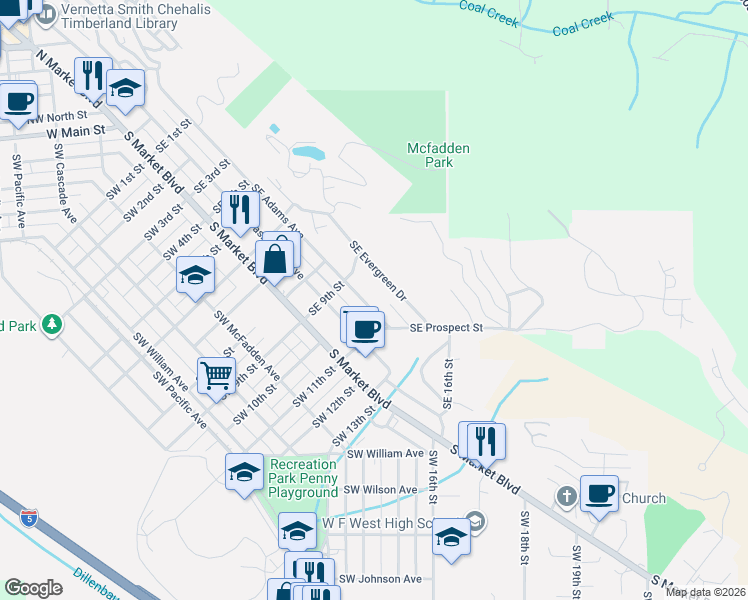 map of restaurants, bars, coffee shops, grocery stores, and more near 1024 Southeast Adams Avenue in Chehalis