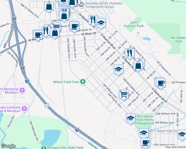 map of restaurants, bars, coffee shops, grocery stores, and more near 311 Southwest William Avenue in Chehalis