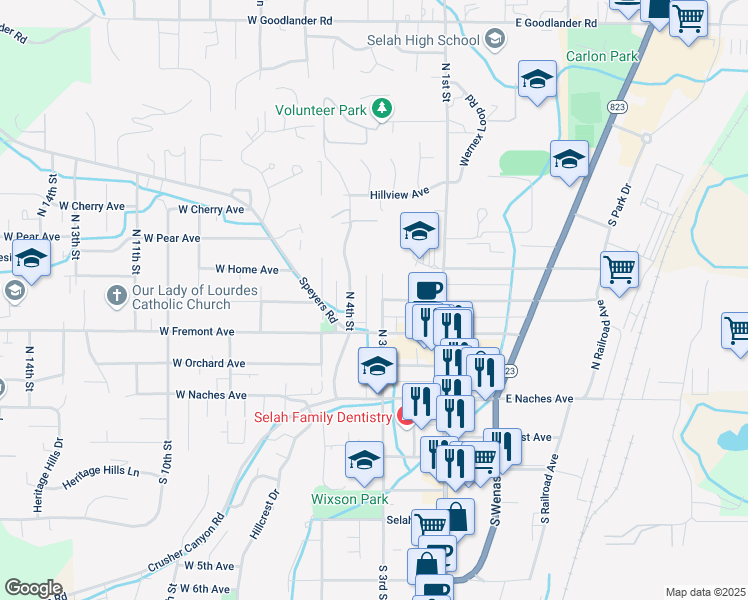 map of restaurants, bars, coffee shops, grocery stores, and more near 212 North 3rd Street in Selah