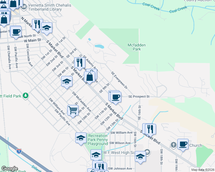 map of restaurants, bars, coffee shops, grocery stores, and more near 841 Southeast Adams Avenue in Chehalis
