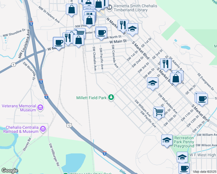 map of restaurants, bars, coffee shops, grocery stores, and more near 366 Southwest 3rd Street in Chehalis