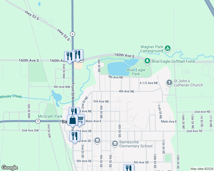 map of restaurants, bars, coffee shops, grocery stores, and more near 414 4th Street Northeast in Barnesville