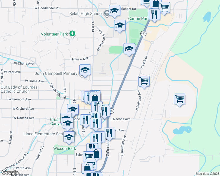 map of restaurants, bars, coffee shops, grocery stores, and more near 126 East Home Avenue in Selah