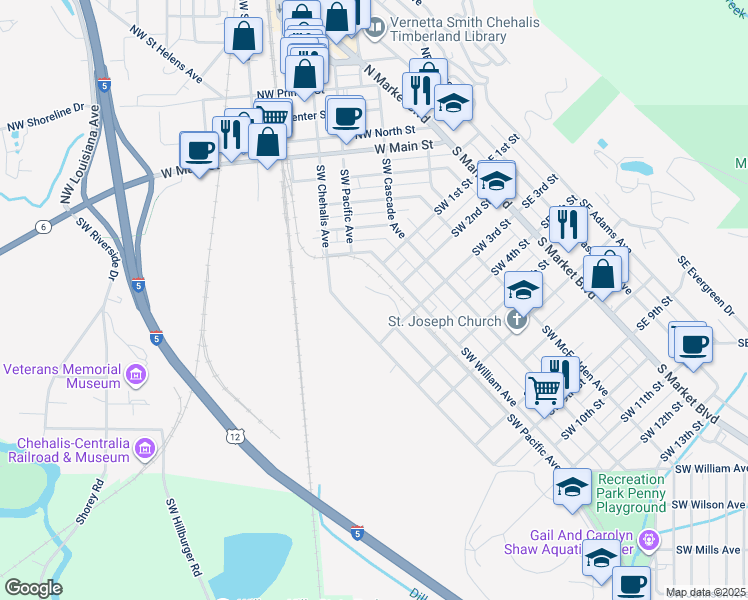 map of restaurants, bars, coffee shops, grocery stores, and more near 366 Southwest 3rd Street in Chehalis