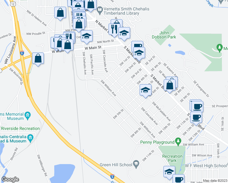 map of restaurants, bars, coffee shops, grocery stores, and more near 288 SW 3rd St in Chehalis