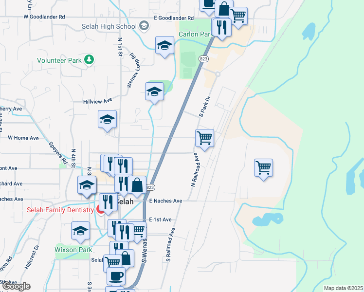 map of restaurants, bars, coffee shops, grocery stores, and more near 303 North Wenas Road in Selah