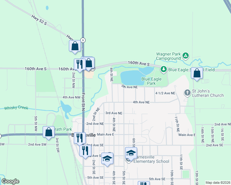 map of restaurants, bars, coffee shops, grocery stores, and more near 414 4th St NE in Barnesville