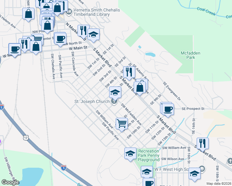map of restaurants, bars, coffee shops, grocery stores, and more near 81 Southwest 5th Street in Chehalis