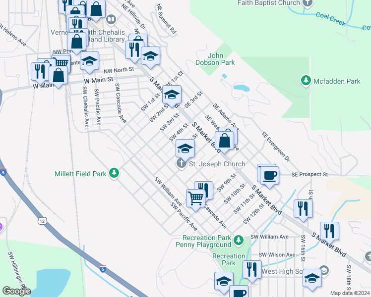 map of restaurants, bars, coffee shops, grocery stores, and more near 81 Southwest 5th Street in Chehalis