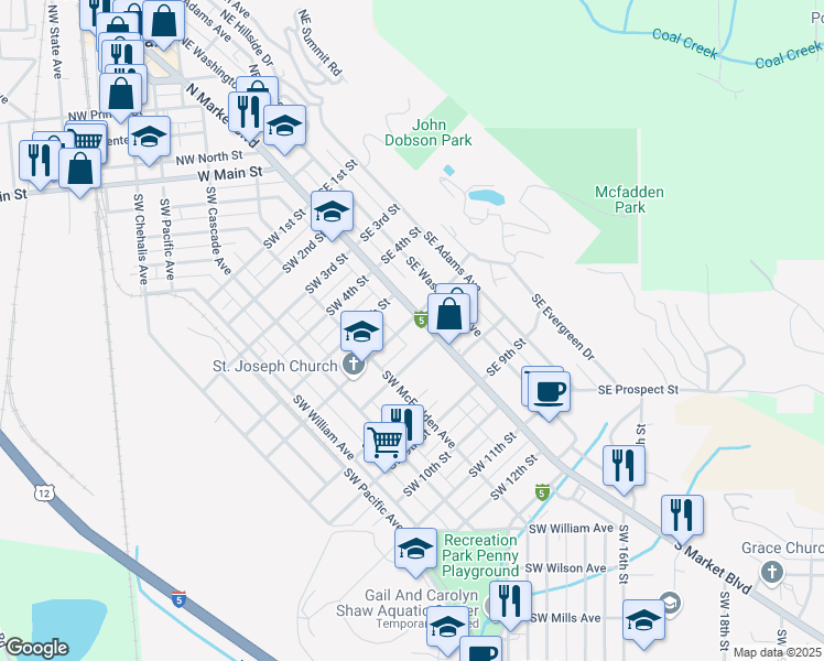 map of restaurants, bars, coffee shops, grocery stores, and more near 625 South Market Boulevard in Chehalis