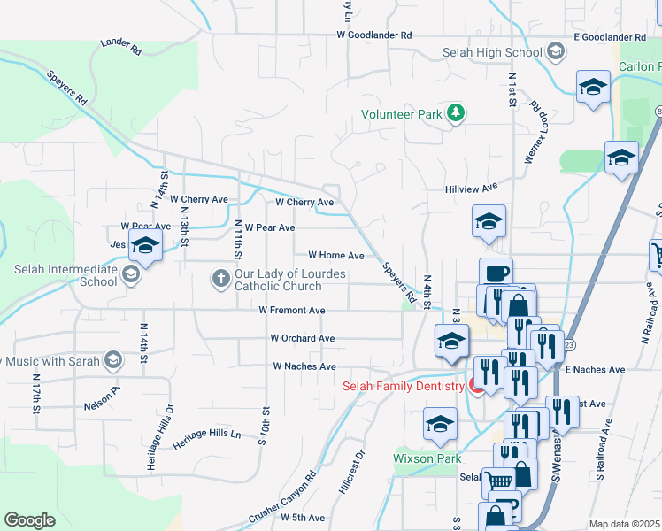map of restaurants, bars, coffee shops, grocery stores, and more near 702 West Home Avenue in Selah