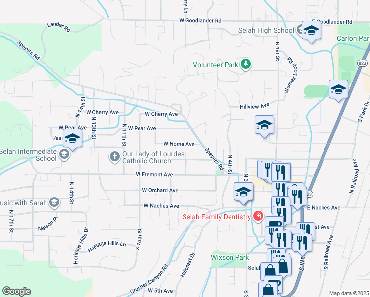 map of restaurants, bars, coffee shops, grocery stores, and more near 702 W Home Ave in Selah