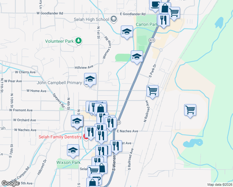 map of restaurants, bars, coffee shops, grocery stores, and more near 126 E Home Ave in Selah
