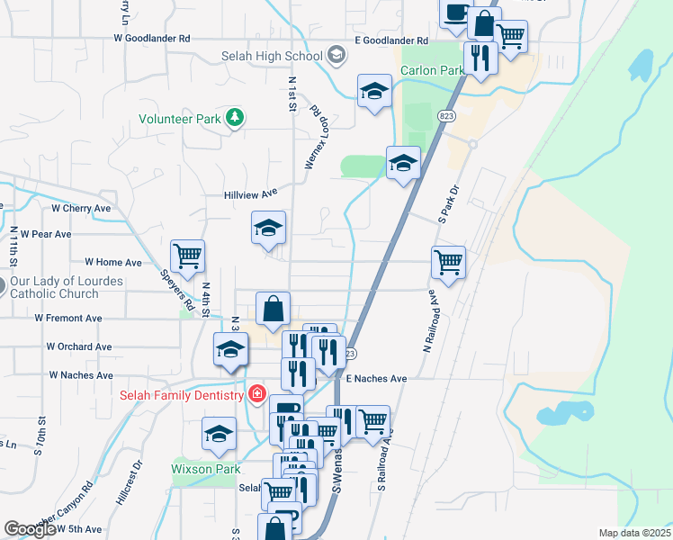 map of restaurants, bars, coffee shops, grocery stores, and more near 126 East Home Avenue in Selah