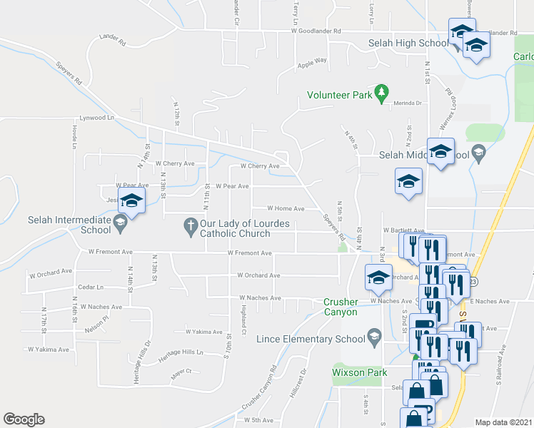 map of restaurants, bars, coffee shops, grocery stores, and more near 804 West Home Avenue in Selah