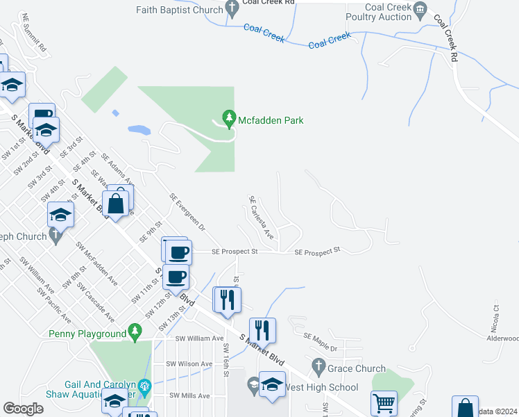 map of restaurants, bars, coffee shops, grocery stores, and more near 385 Southeast Hillsdale Avenue in Chehalis