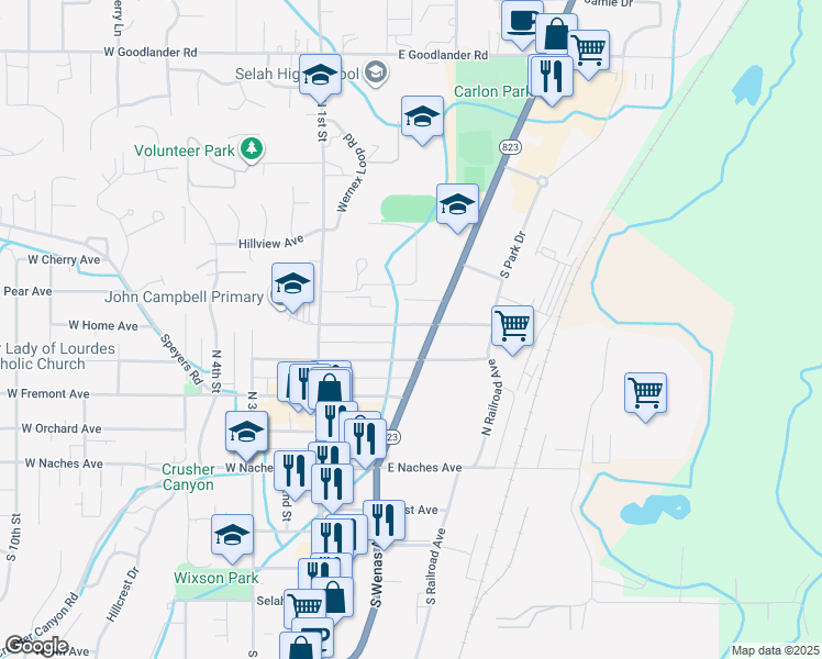 map of restaurants, bars, coffee shops, grocery stores, and more near 132 East Home Avenue in Selah