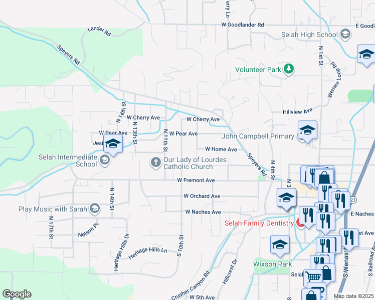map of restaurants, bars, coffee shops, grocery stores, and more near 306 North 9th Street in Selah