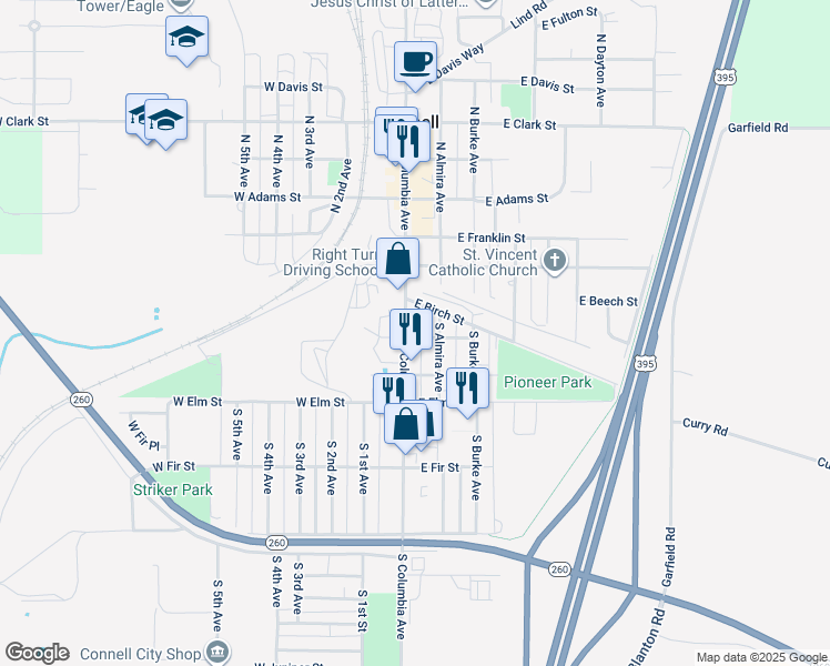 map of restaurants, bars, coffee shops, grocery stores, and more near 660 S Columbia Ave in Connell