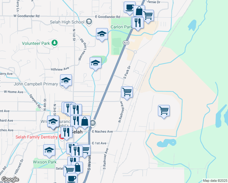 map of restaurants, bars, coffee shops, grocery stores, and more near 303 North Wenas Road in Selah