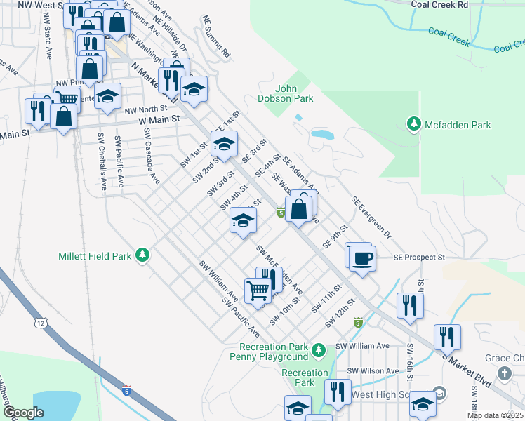 map of restaurants, bars, coffee shops, grocery stores, and more near 551 South Market Boulevard in Chehalis