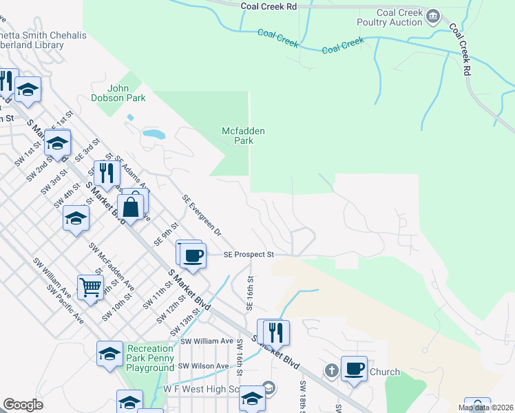 map of restaurants, bars, coffee shops, grocery stores, and more near 385 Southeast Hillsdale Avenue in Chehalis