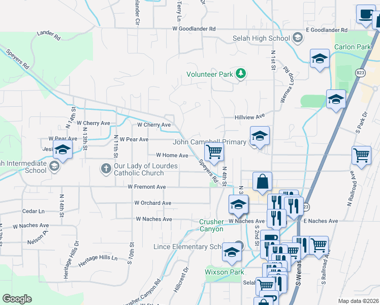 map of restaurants, bars, coffee shops, grocery stores, and more near 504 Speyers Road in Selah