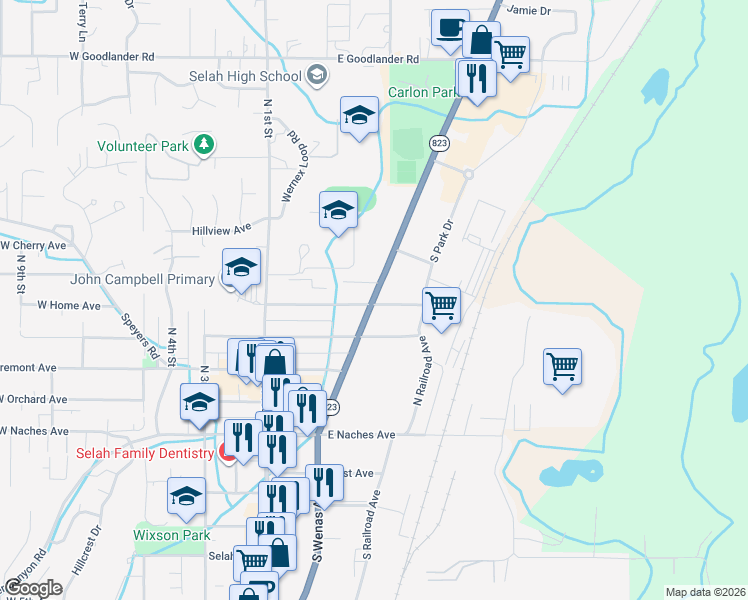 map of restaurants, bars, coffee shops, grocery stores, and more near 99 North Wenas Road in Selah