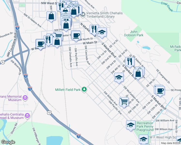 map of restaurants, bars, coffee shops, grocery stores, and more near 288 Southwest 3rd Street in Chehalis